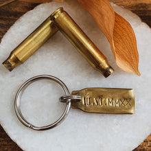 Load image into Gallery viewer, - Personalized - Shell Casing Keychain - Flattened & Hand Stamped Brass Bullet - by Francesca