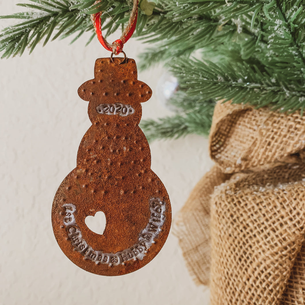 - Personalized - Rusty Tin Snowman Ornament - Hand Stamped & Custom - by Francesca