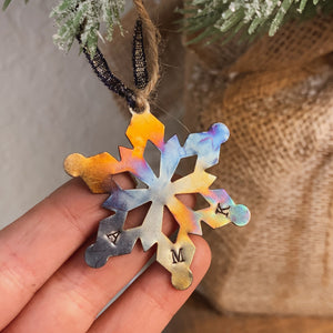 - Personalized - Burnished Tin Snowflake Ornament - Oil Slick Finish - Hand Stamped - by Francesca