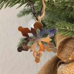 - Personalized - Burnished Tin Snowflake Ornament - Oil Slick Finish - Hand Stamped - by Francesca