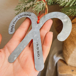 - Personalized - Galvanized Metal Candy Cane Ornament - Hand Stamped & Custom - by Francesca