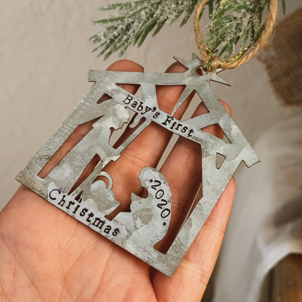 - Personalized - Galvanized Metal Nativity Ornament - Hand Stamped & Custom - by Francesca