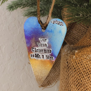 - Personalized - Burnished Tin Heart Ornament - Oil Slick Finish - Hand Stamped - by Francesca