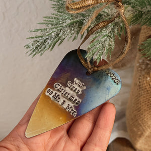 - Personalized - Burnished Tin Heart Ornament - Oil Slick Finish - Hand Stamped - by Francesca