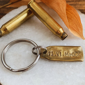- Personalized - Shell Casing Keychain - Flattened & Hand Stamped Brass Bullet - by Francesca