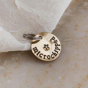 "Microchipped" Hand Stamped Brass Pet Tag - by Francesca