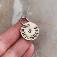 Load image into Gallery viewer, &quot;Microchipped&quot; Hand Stamped Brass Pet Tag - by Francesca
