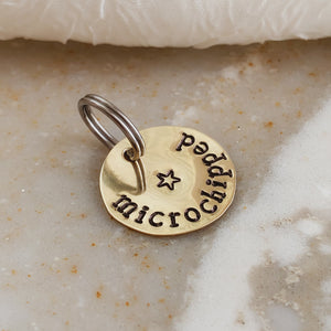 "Microchipped" Hand Stamped Brass Pet Tag - by Francesca
