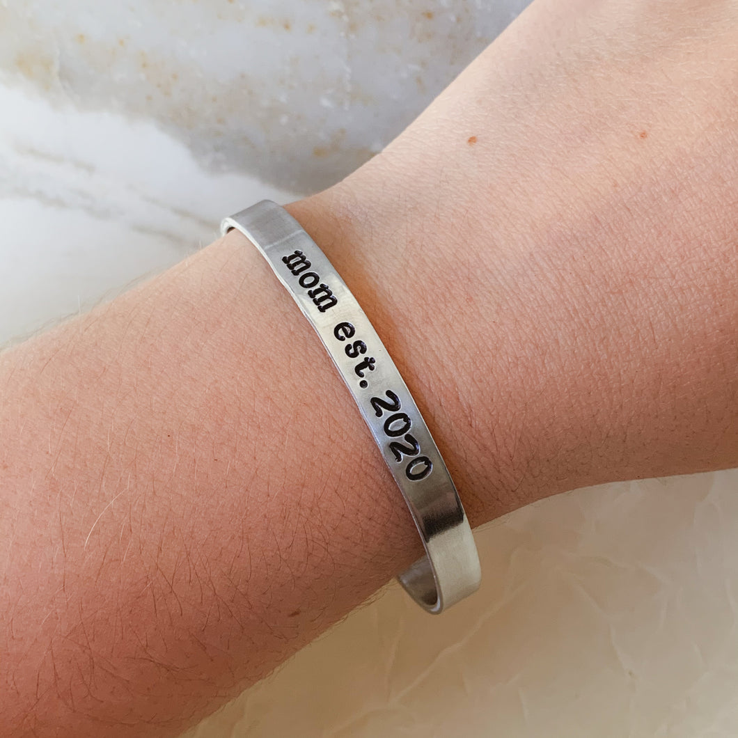 Personalized Hand Stamped Aluminum Cuff Bracelet - Mom Est. - by Via Francesca