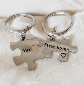 Our First Home - Stainless Steel Keychain Set - Hand Stamped & Personalized - Housewarming - by Via Francesca