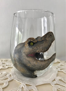 Hand Painted T-Rex Stemless Wine Glass - by Francesca