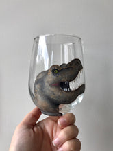 Load image into Gallery viewer, Hand Painted T-Rex Stemless Wine Glass - by Francesca
