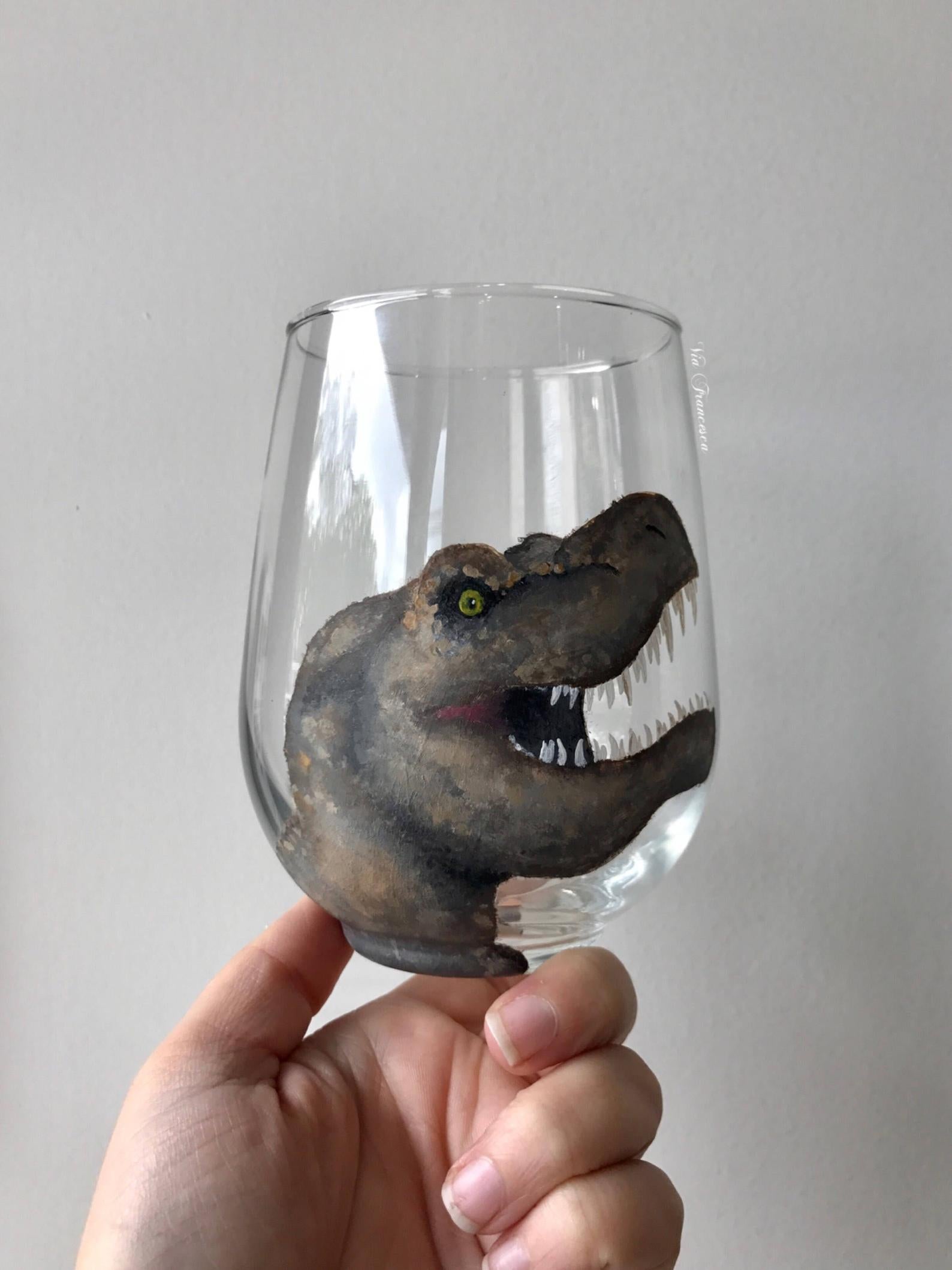 Hand Painted T-Rex Stemless Wine Glass
